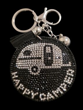 Black and Silver Happy Camper  Rhinestone Bag Charm Keychain